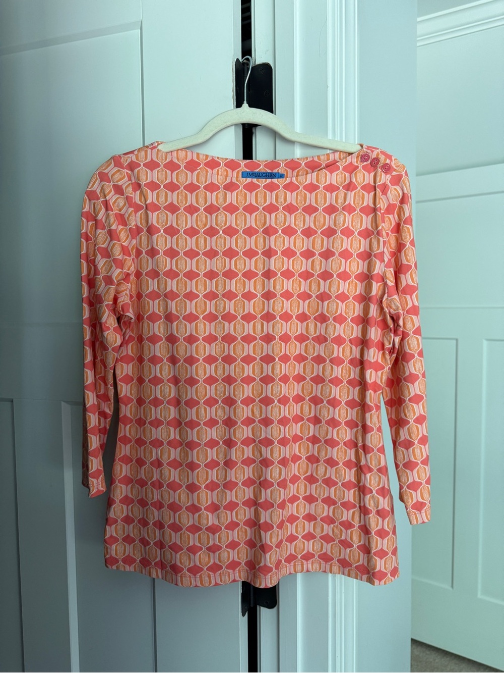 J. McLaughlin Wavesong Geometric Orange Catalina Cloth Boat Neck 3/4 Sleeve Top